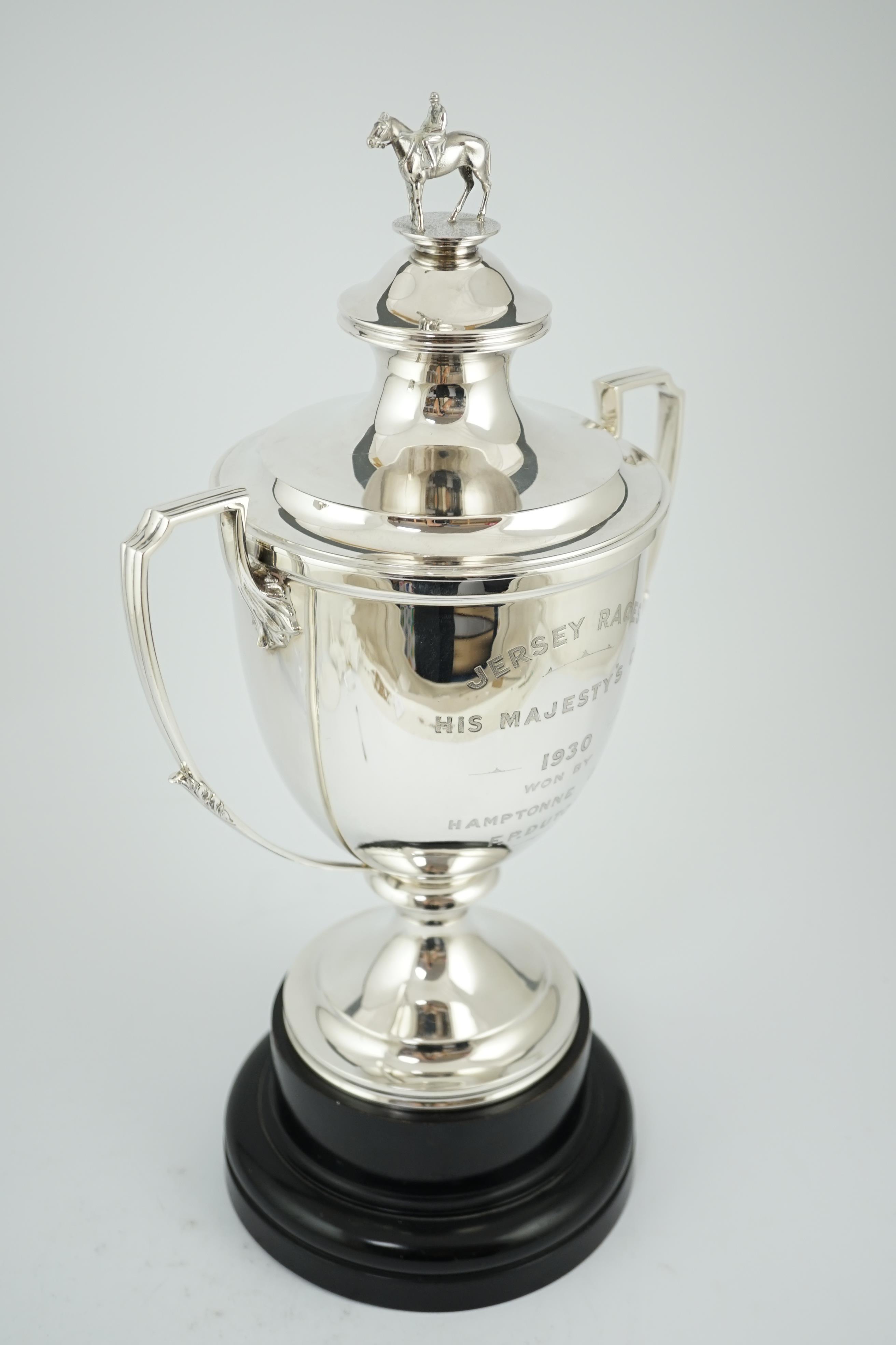 A large George V silver two handled horse racing presentation cup and cover by Edward Barnard & Sons Ltd